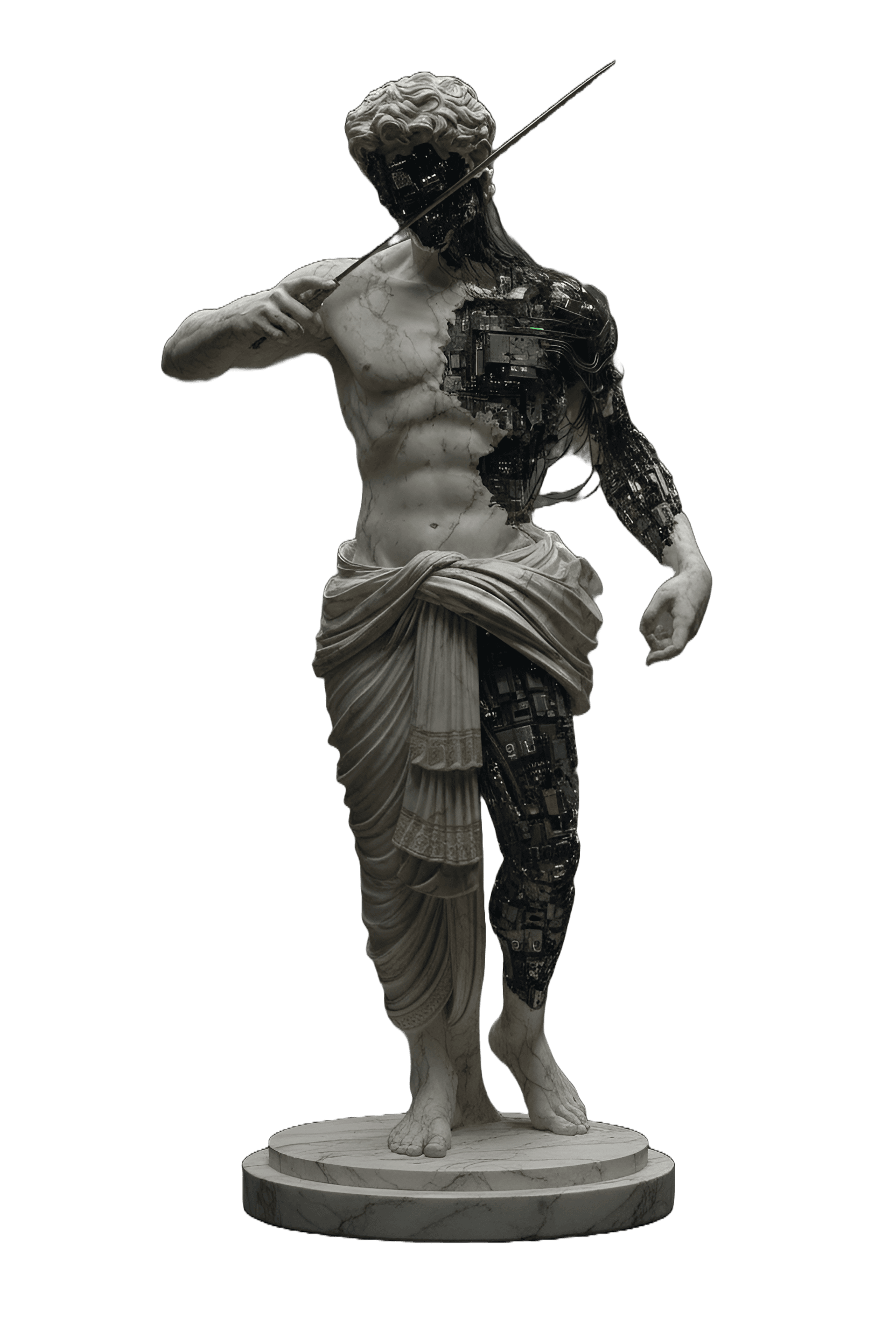 A marble warrior with circuitry beneath the stone, the singularity rendered as classical sculpture