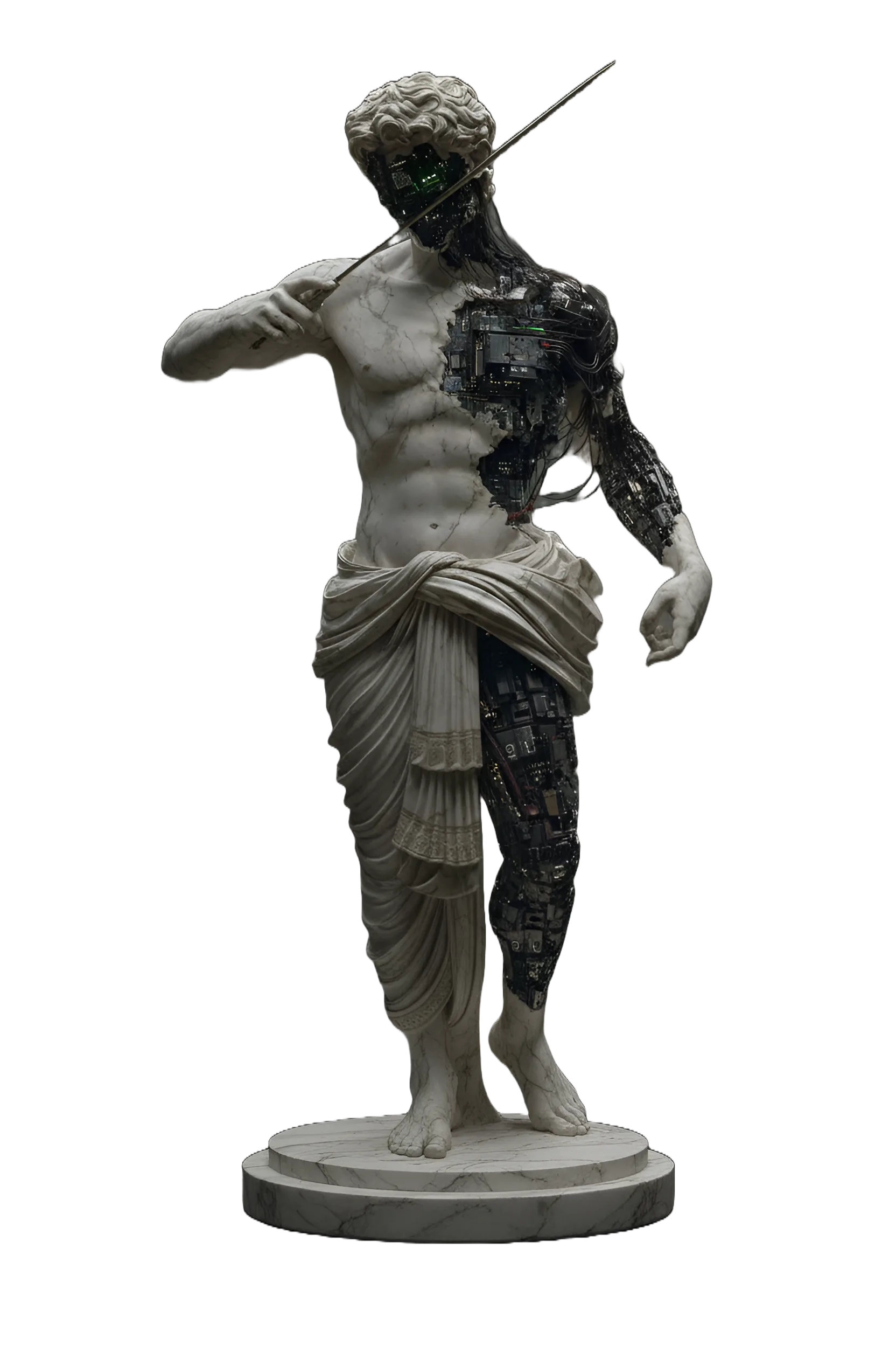 A marble warrior with circuitry beneath the stone, the singularity rendered as classical sculpture.